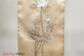 Milk coffee organza silk scarf hand-embroidered with lotus 40*200 cm